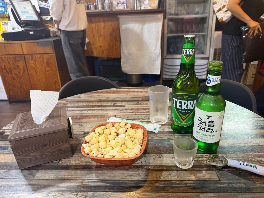 Table spread of drinks alongside a plate of chicken