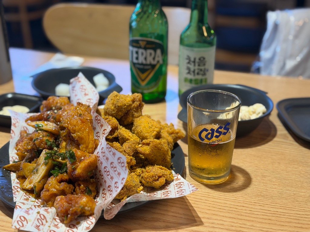 Half-and-half order of gochu chicken and horangi chicken at 60 Gye Chicken
