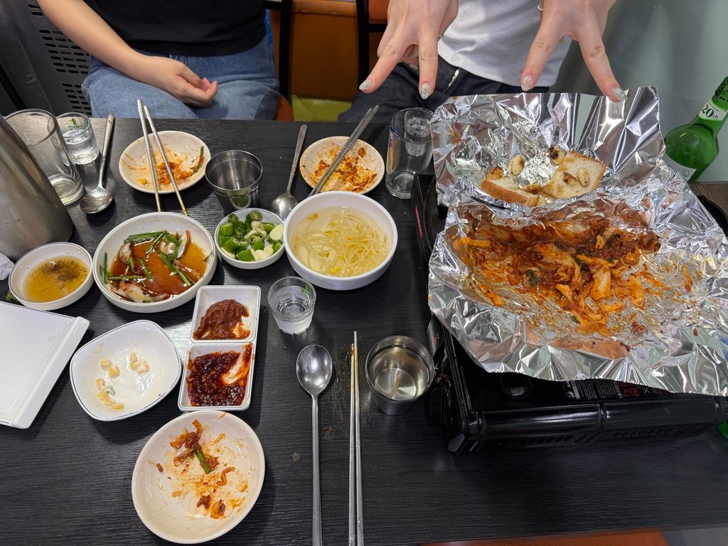 Full table spread of side dishes and gopchang at Yeongjane Gopchang