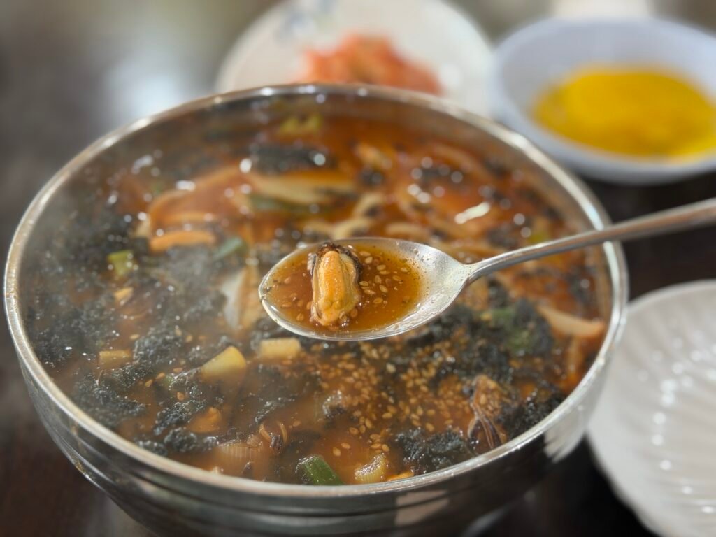 Close-up of mussels in jang-kalguksu soup