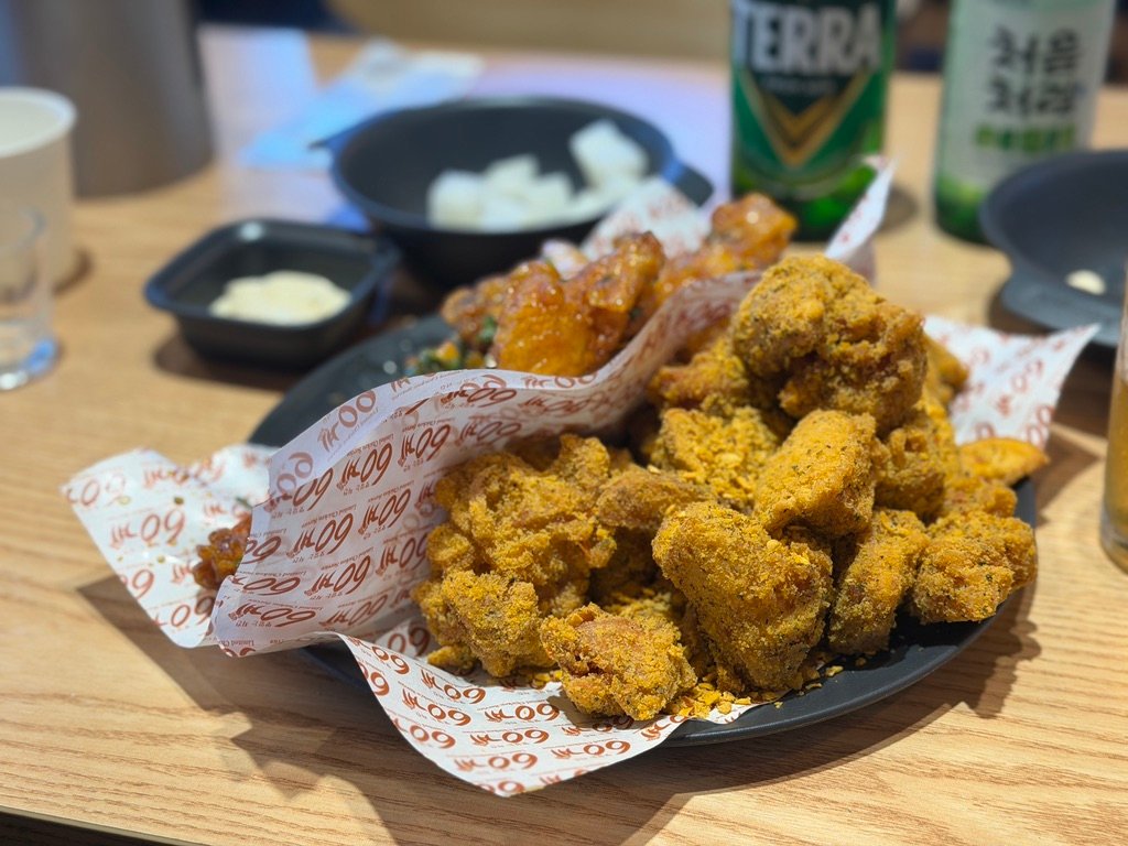 Close-up of crunchy horangi fried chicken with garlic coating